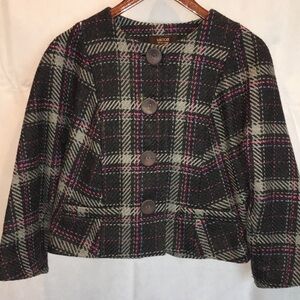 Victor Alfaro Plaid Wool Blend Jacket Blazer – Black Gray Pink Checkered, Size 6
